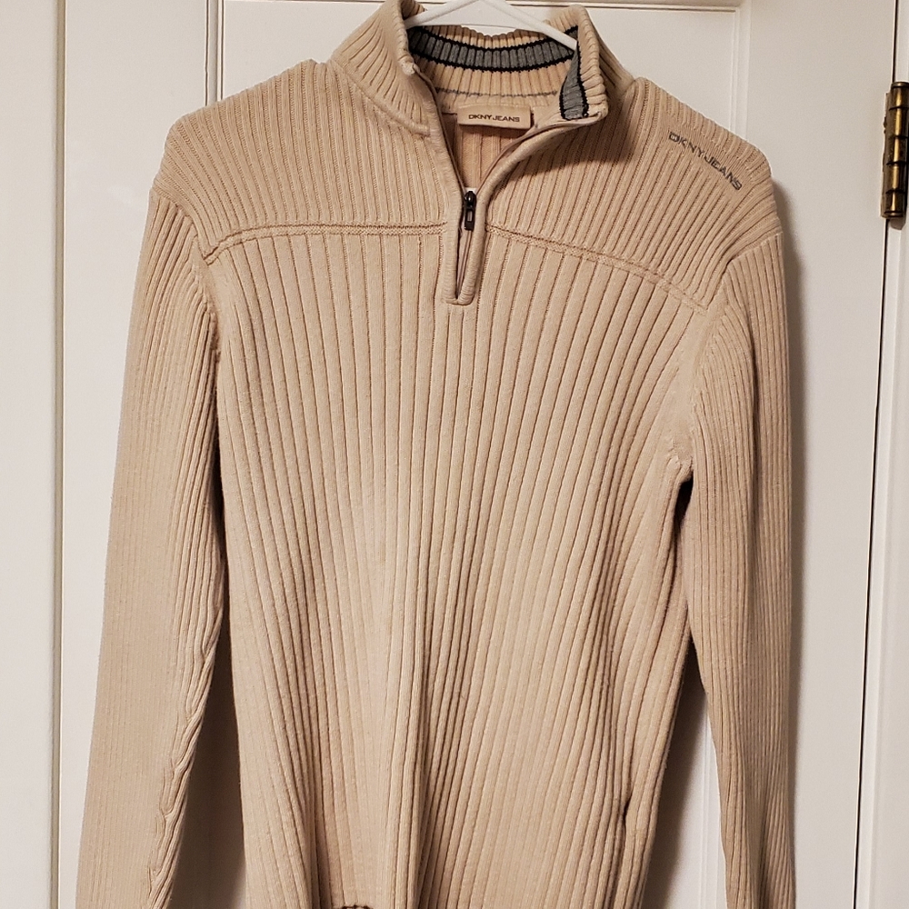 DKNY Jeans Ribbed Pull-Over Cream Sweater with 1/4 zip and High Neck - Medium